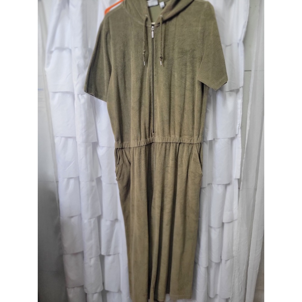Olive Terry Cloth Short Sleeve Hooded Jumpsuit Zip Front Elastic Waist XL 1406 - Picture 1 of 9